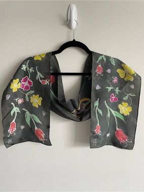 Long rectangular silk scarf gray floral print flowers whimsy 52 x 8